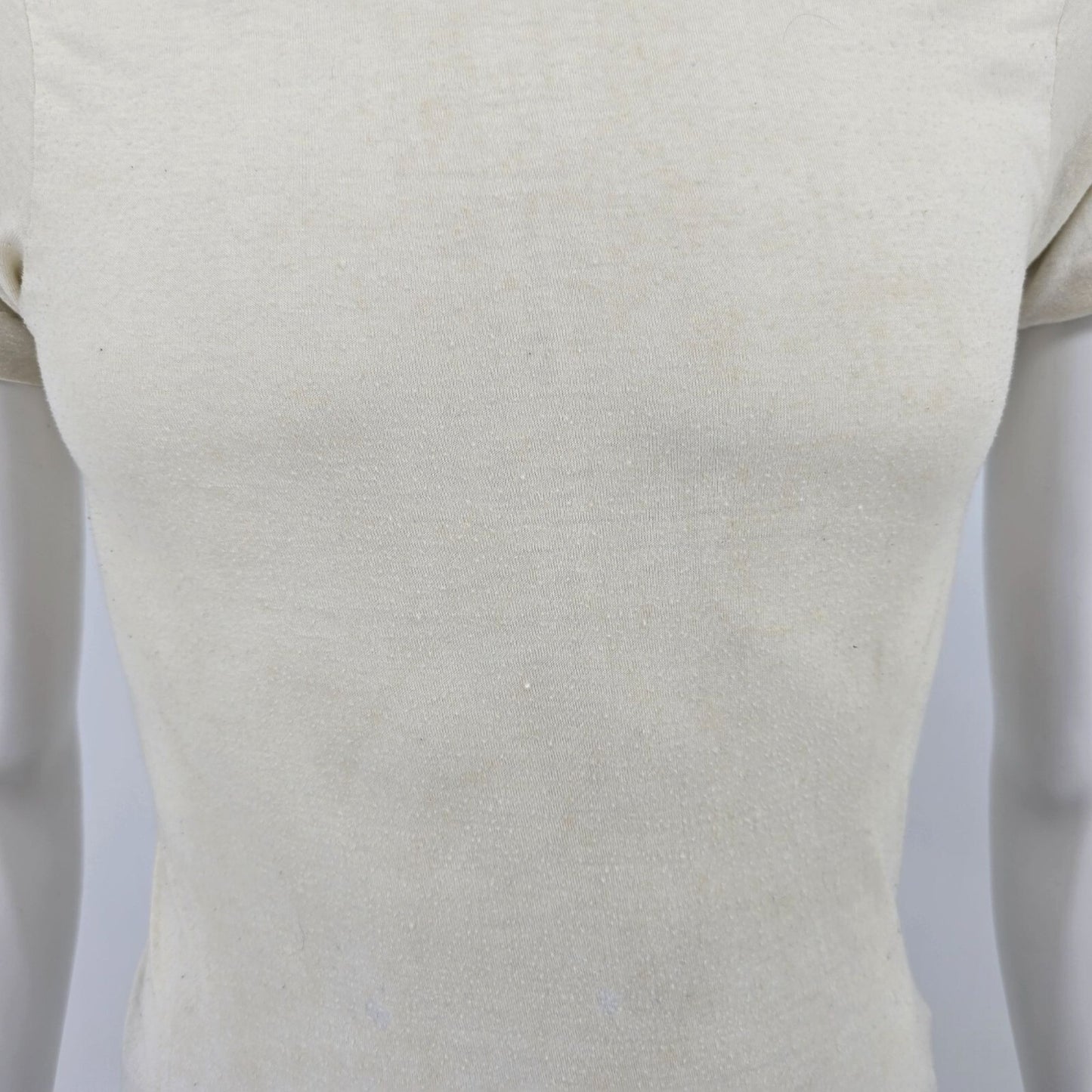 Distressed Vintage 1970s Sears Men's Store Blank Off-White Sheer T-Shirt (XXS)