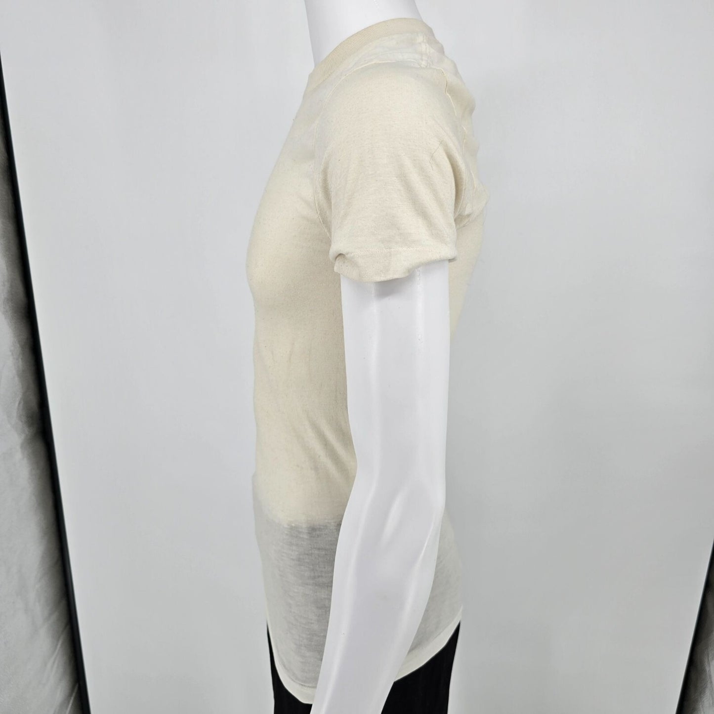 Distressed Vintage 1970s Sears Men's Store Blank Off-White Sheer T-Shirt (XXS)