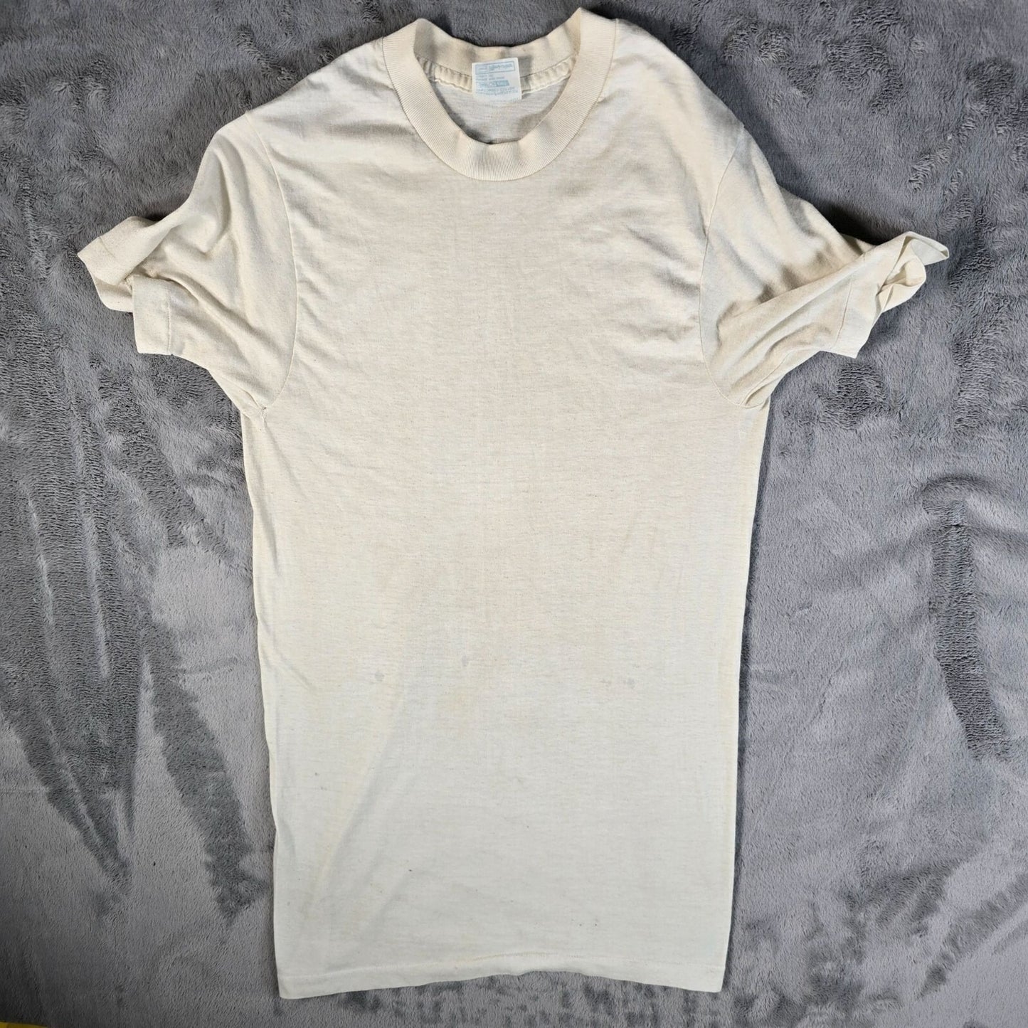 Distressed Vintage 1970s Sears Men's Store Blank Off-White Sheer T-Shirt (XXS)