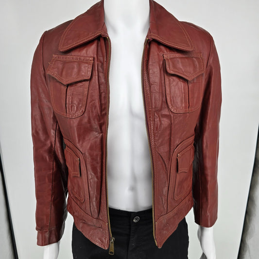 Vintage 1970s El Charro Espagna Red Leather Simco Zipper Jacket (XS) *Flaws