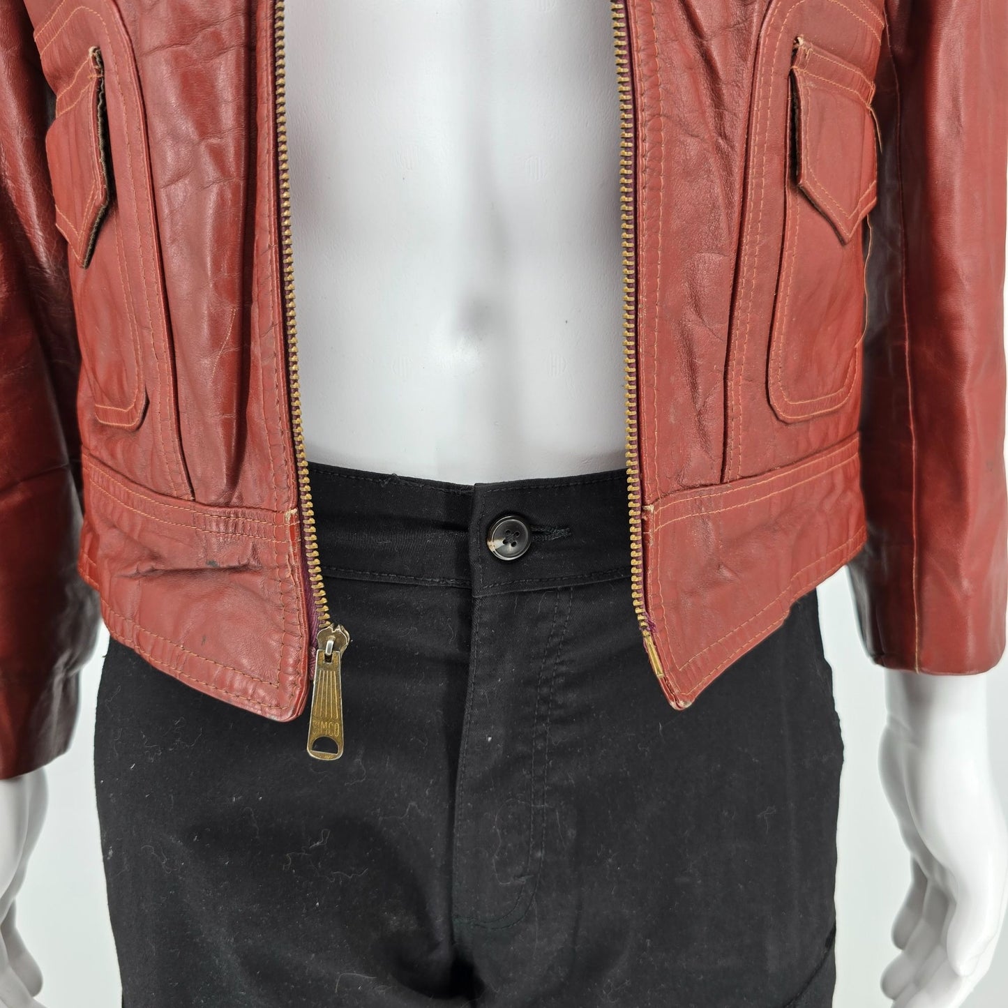 Vintage 1970s El Charro Espagna Red Leather Simco Zipper Jacket (XS) *Flaws