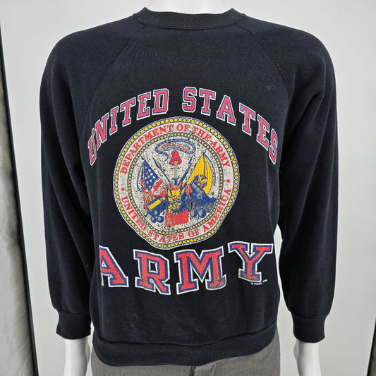 Vintage Late 1980s Distressed United States Army Emblem Black Sweatshirt (M)