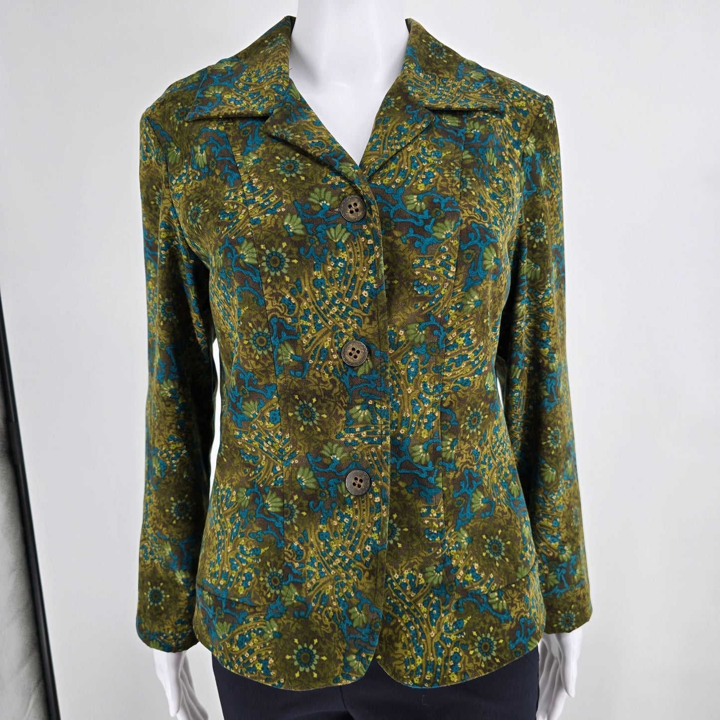 Vintage Y2K Requirements Women's Olive Green Floral Tapestry Print Blazer (S)