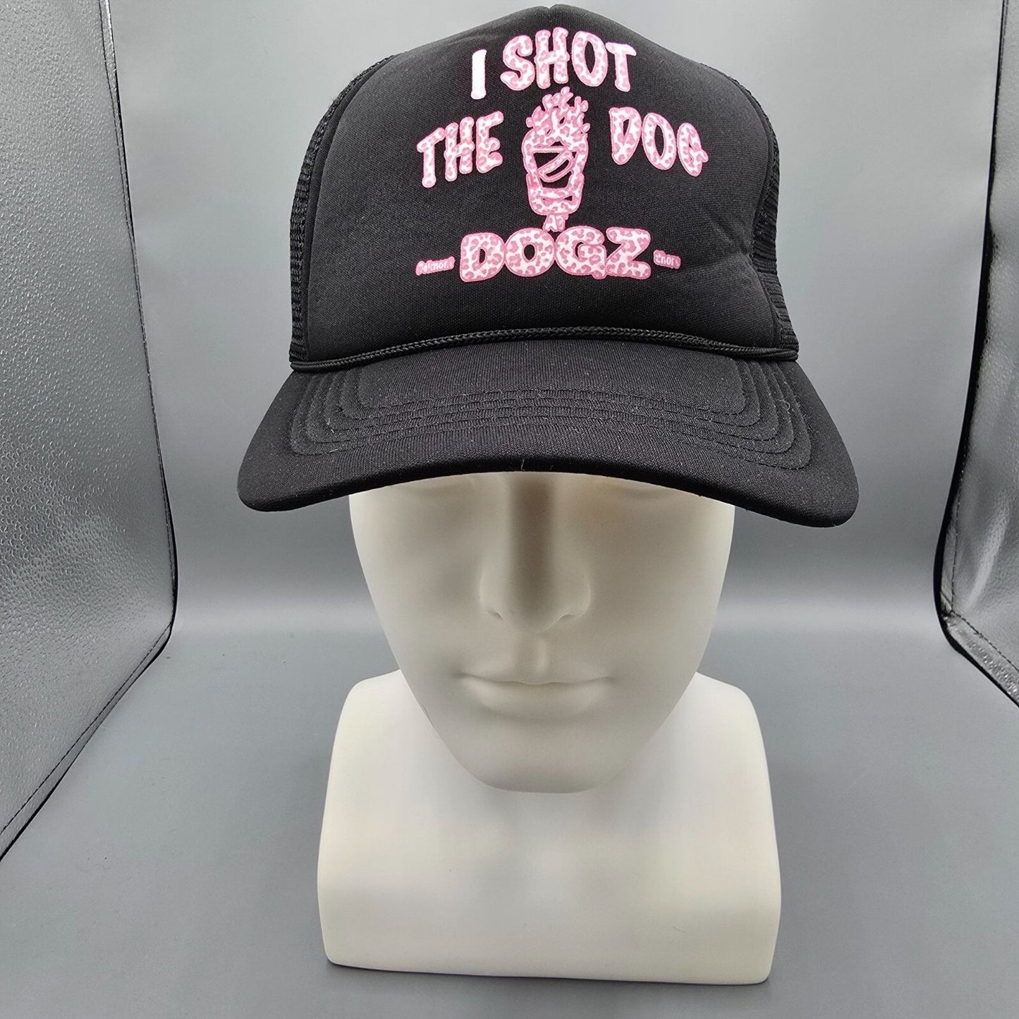 I Shot The Dog DOGZ Bar and Grill Pink Leopard Print Logo Black Trucker Hat