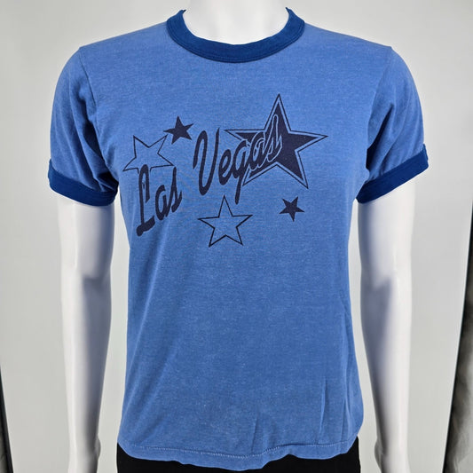 Vintage 1980s Screen Stars Las Vegas Star Graphic Thin Blue Ringer T-Shirt (M)