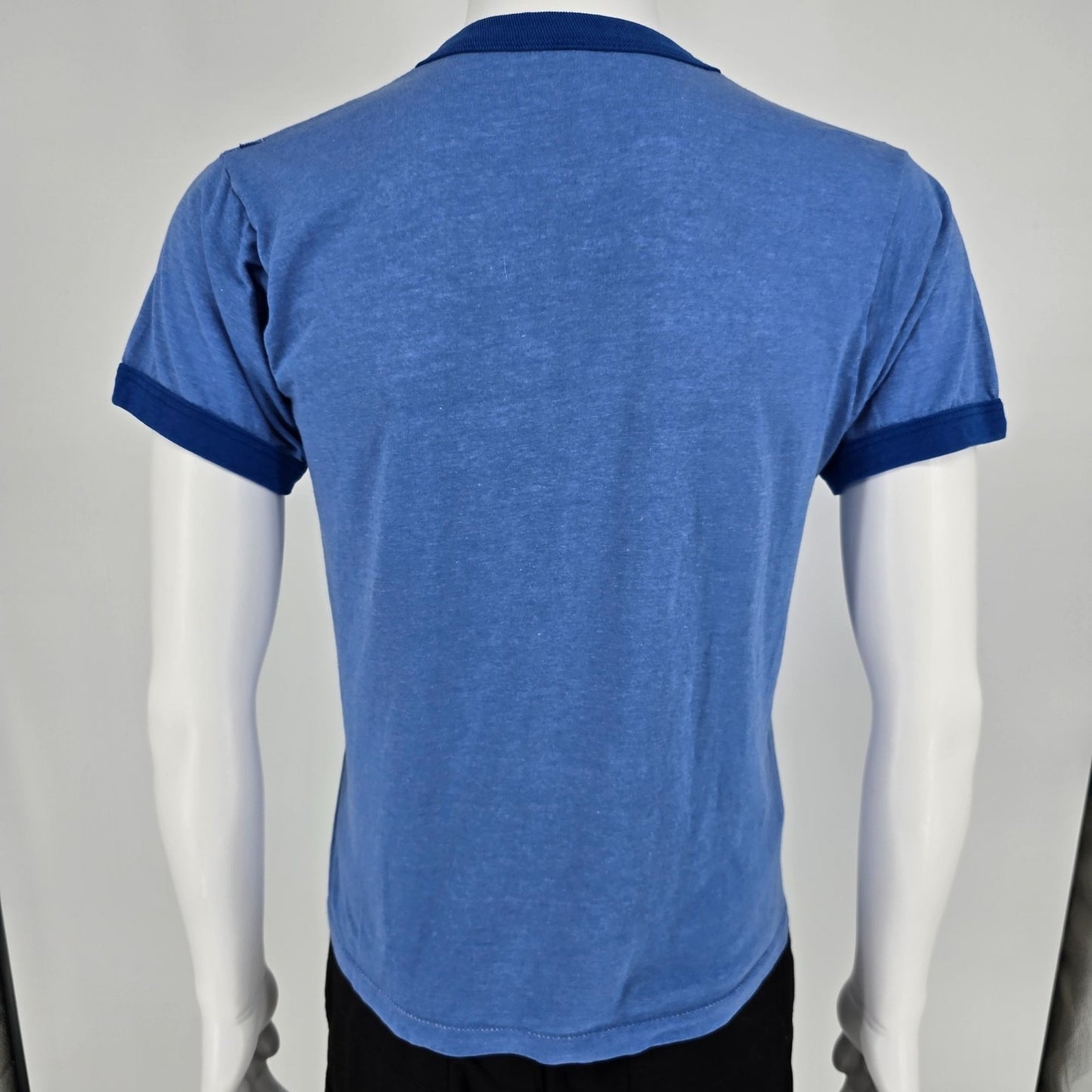 Vintage 1980s Screen Stars Las Vegas Star Graphic Thin Blue Ringer T-Shirt (M)
