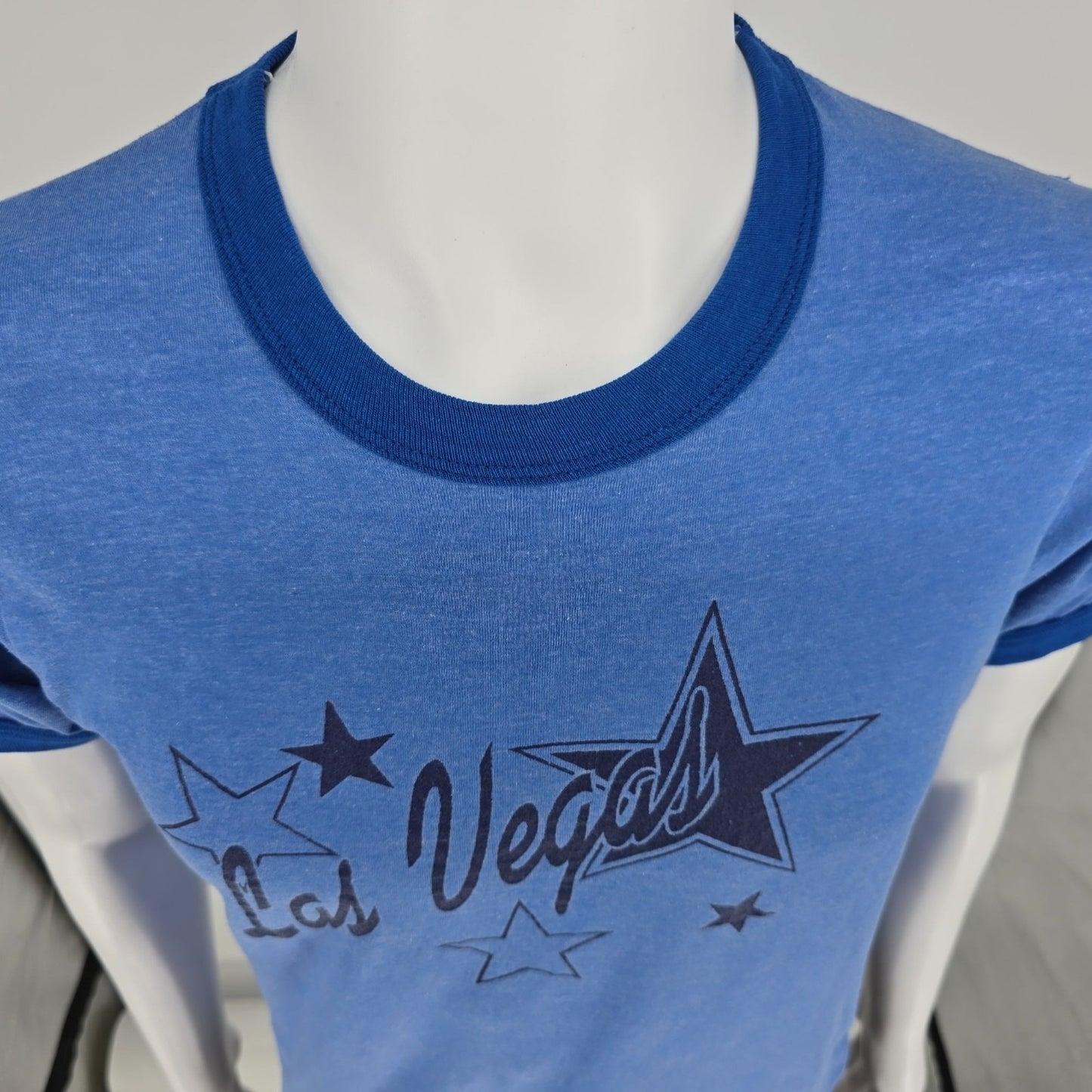 Vintage 1980s Screen Stars Las Vegas Star Graphic Thin Blue Ringer T-Shirt (M)