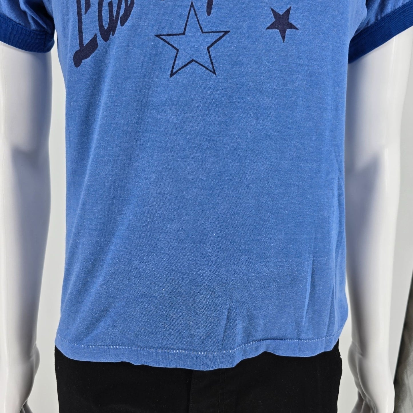 Vintage 1980s Screen Stars Las Vegas Star Graphic Thin Blue Ringer T-Shirt (M)