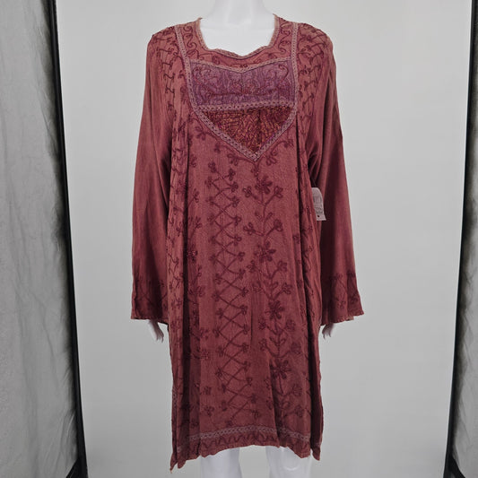 Vintage 1990s Noorani Fashions India Embroidered Rayon Boho Tunic Dress (XL)