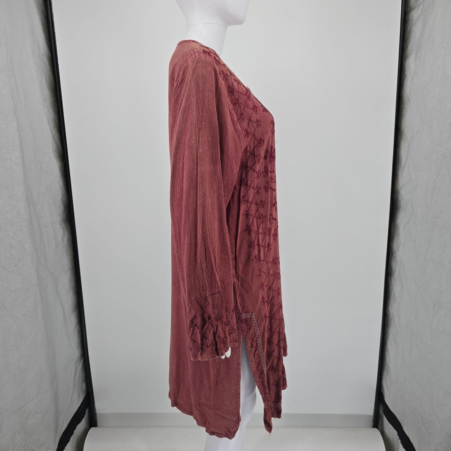 Vintage 1990s Noorani Fashions India Embroidered Rayon Boho Tunic Dress (XL)