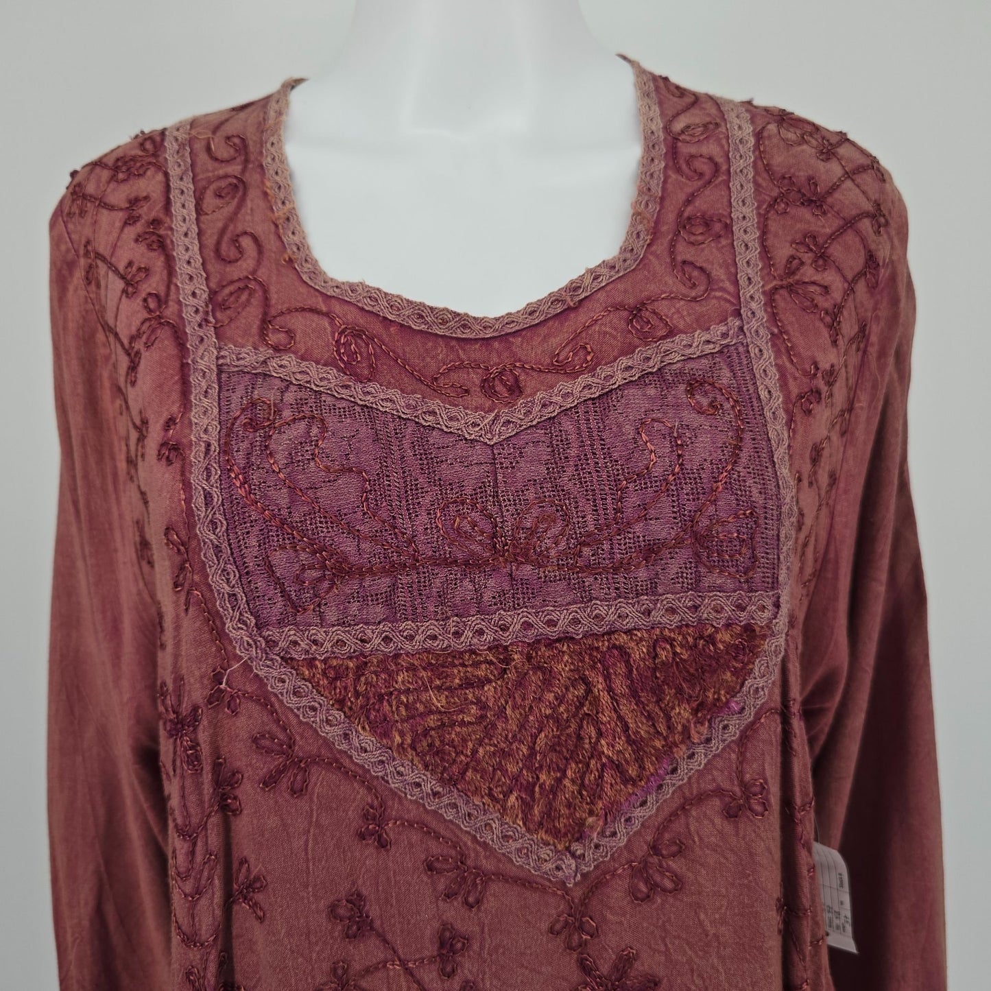 Vintage 1990s Noorani Fashions India Embroidered Rayon Boho Tunic Dress (XL)