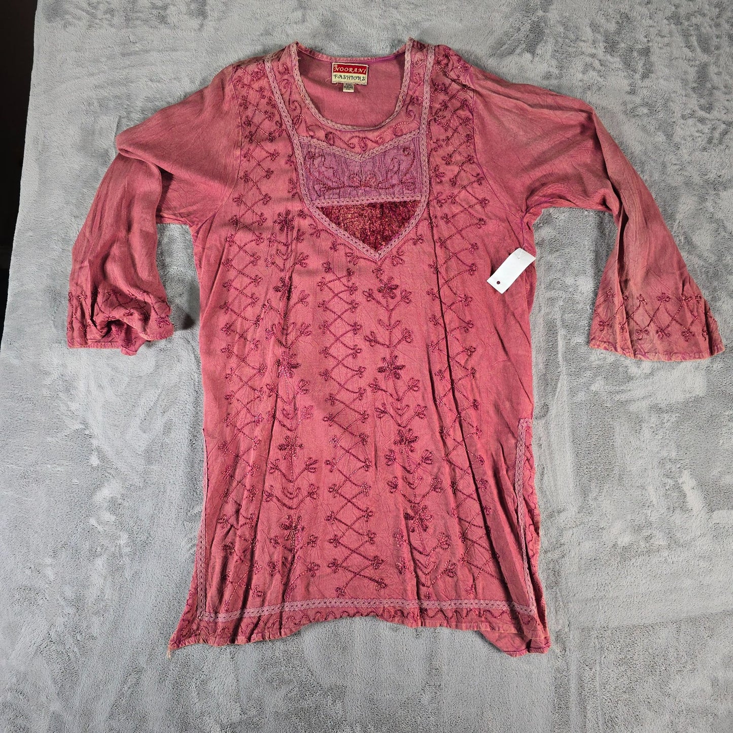Vintage 1990s Noorani Fashions India Embroidered Rayon Boho Tunic Dress (XL)