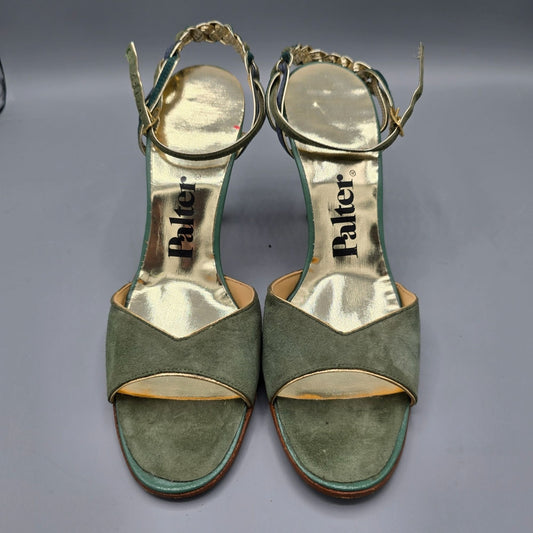 Vintage 1970s Palter Green & Gold Braided-Ankle Stiletto Disco Sandals (7N)