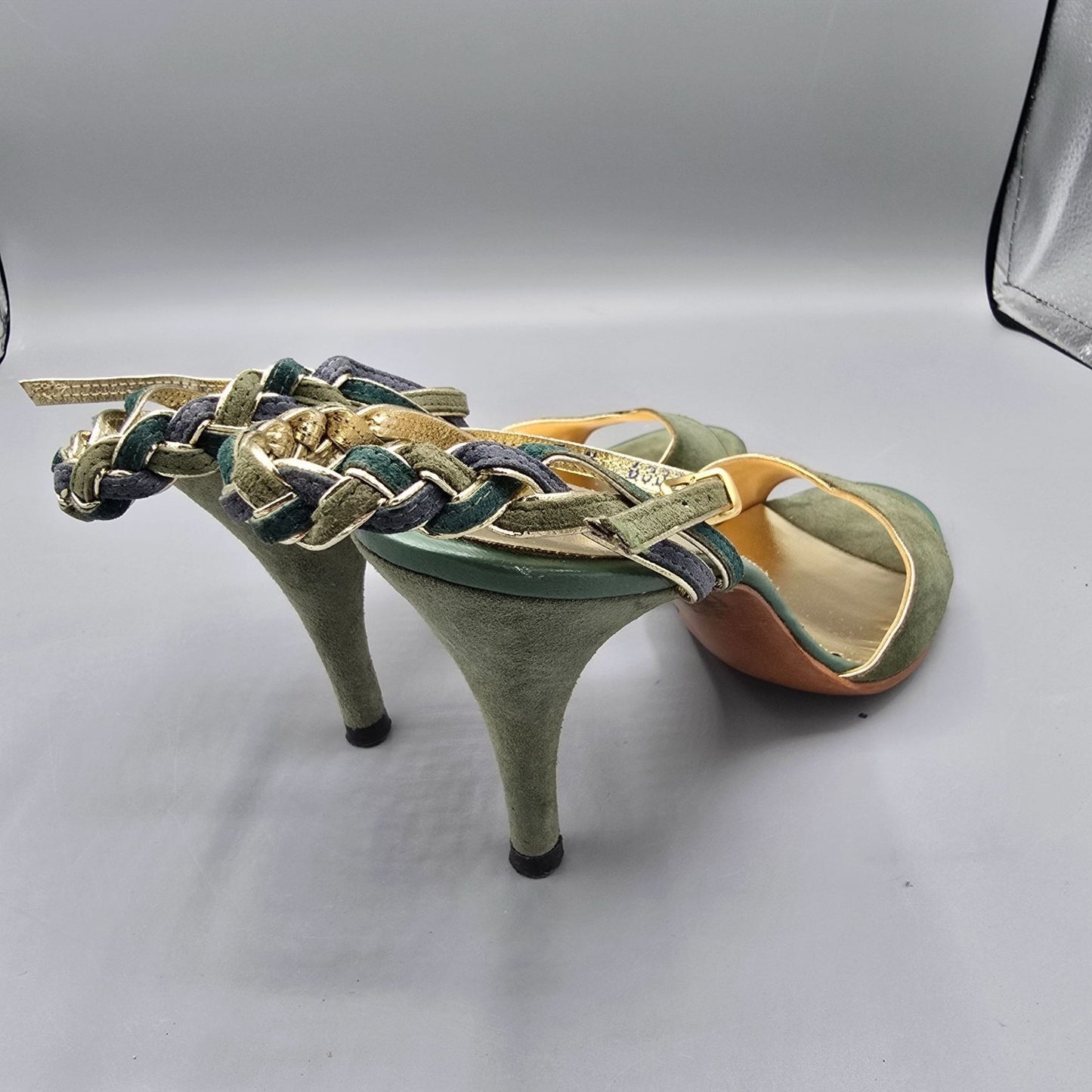 Vintage 1970s Palter Green & Gold Braided-Ankle Stiletto Disco Sandals (7N)