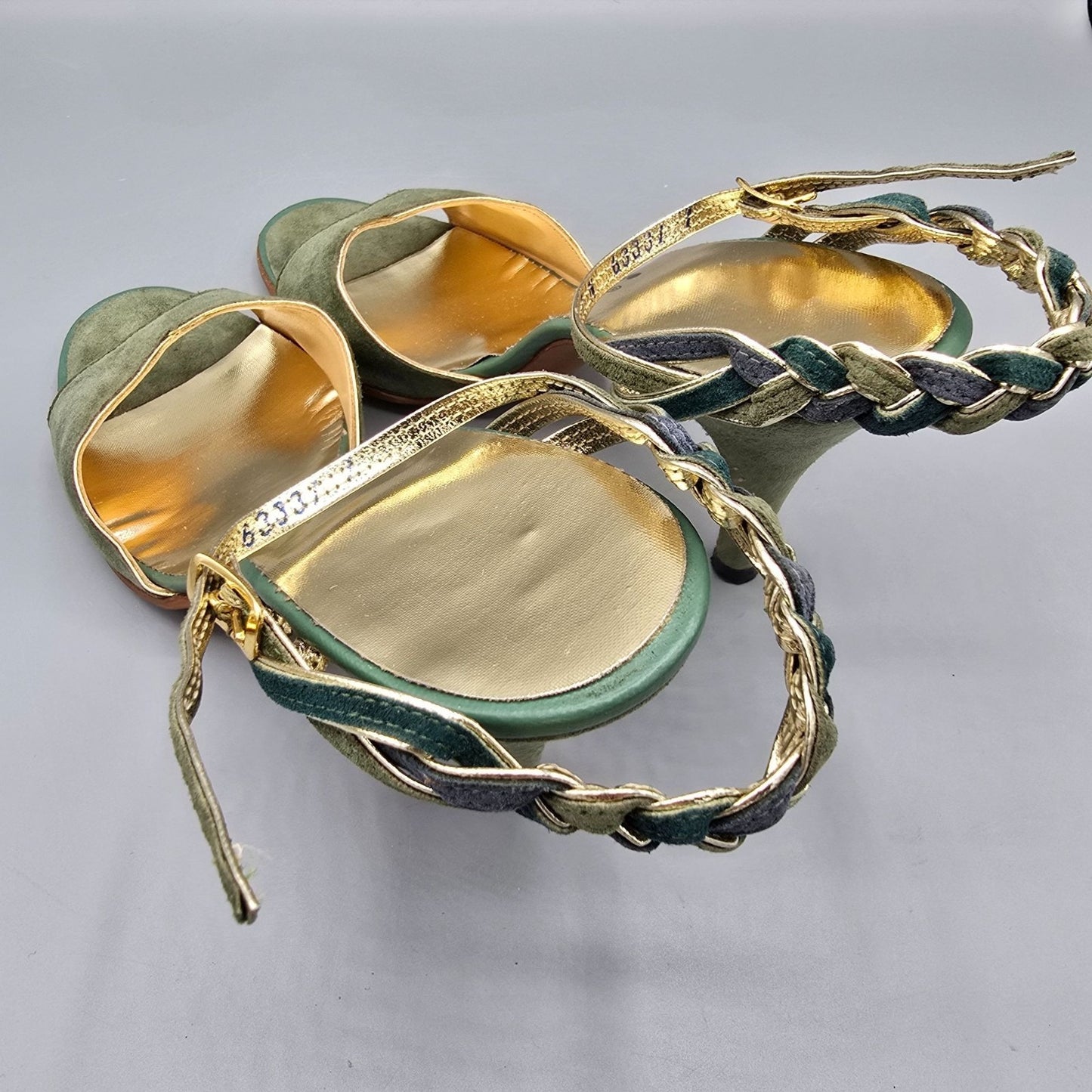 Vintage 1970s Palter Green & Gold Braided-Ankle Stiletto Disco Sandals (7N)