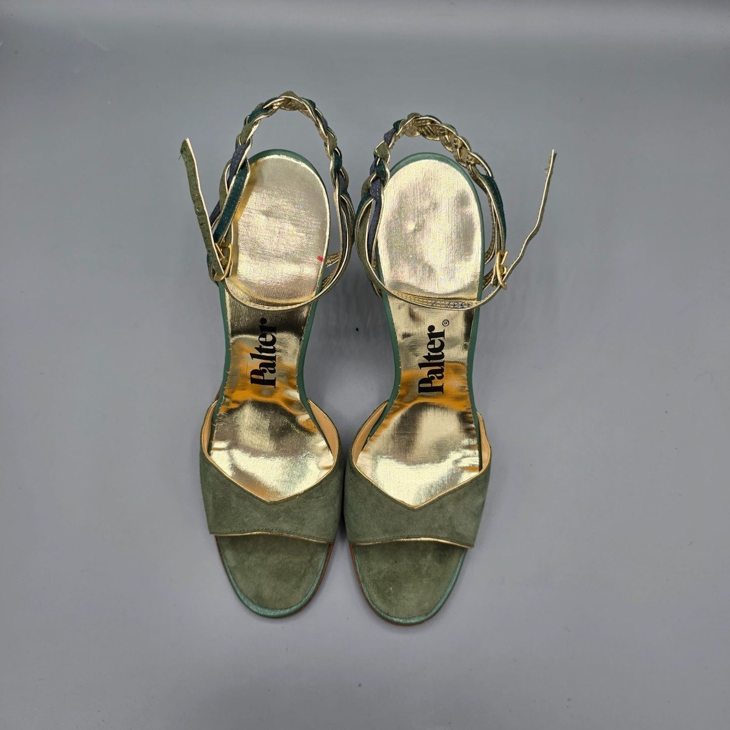 Vintage 1970s Palter Green & Gold Braided-Ankle Stiletto Disco Sandals (7N)