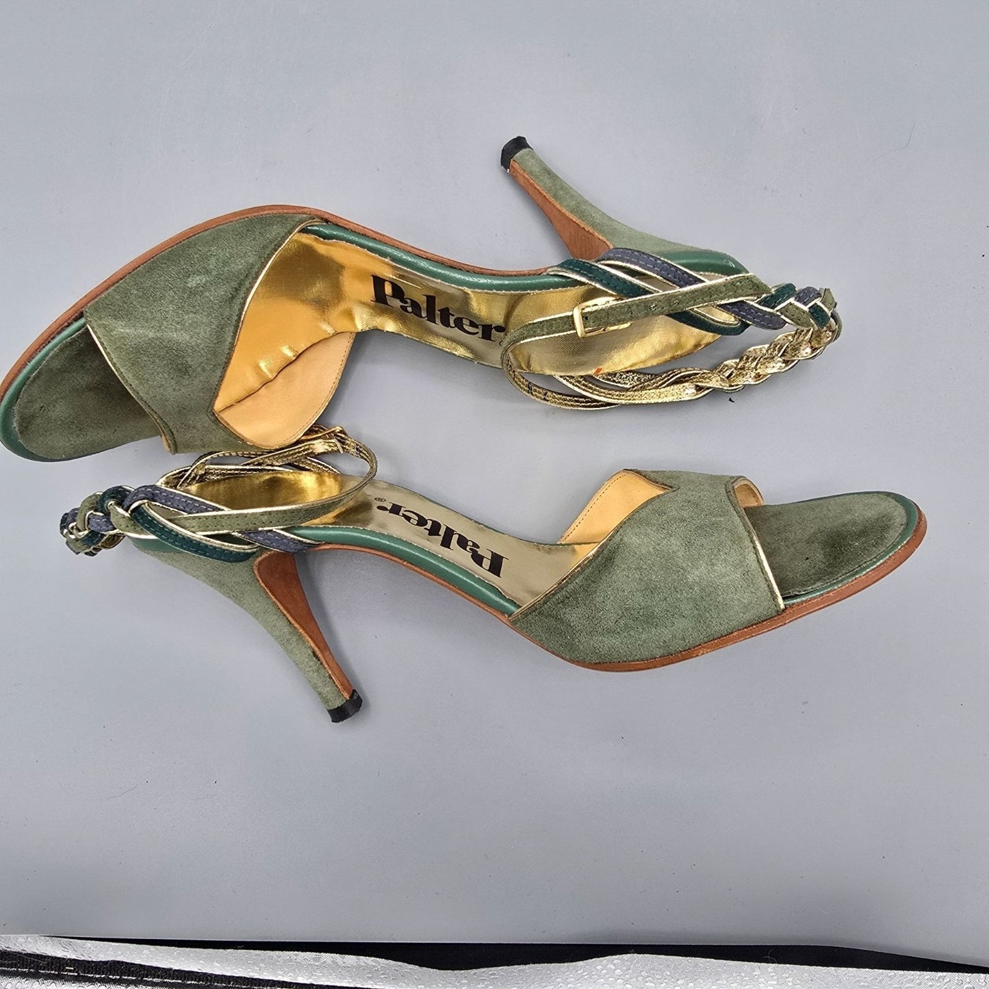 Vintage 1970s Palter Green & Gold Braided-Ankle Stiletto Disco Sandals (7N)