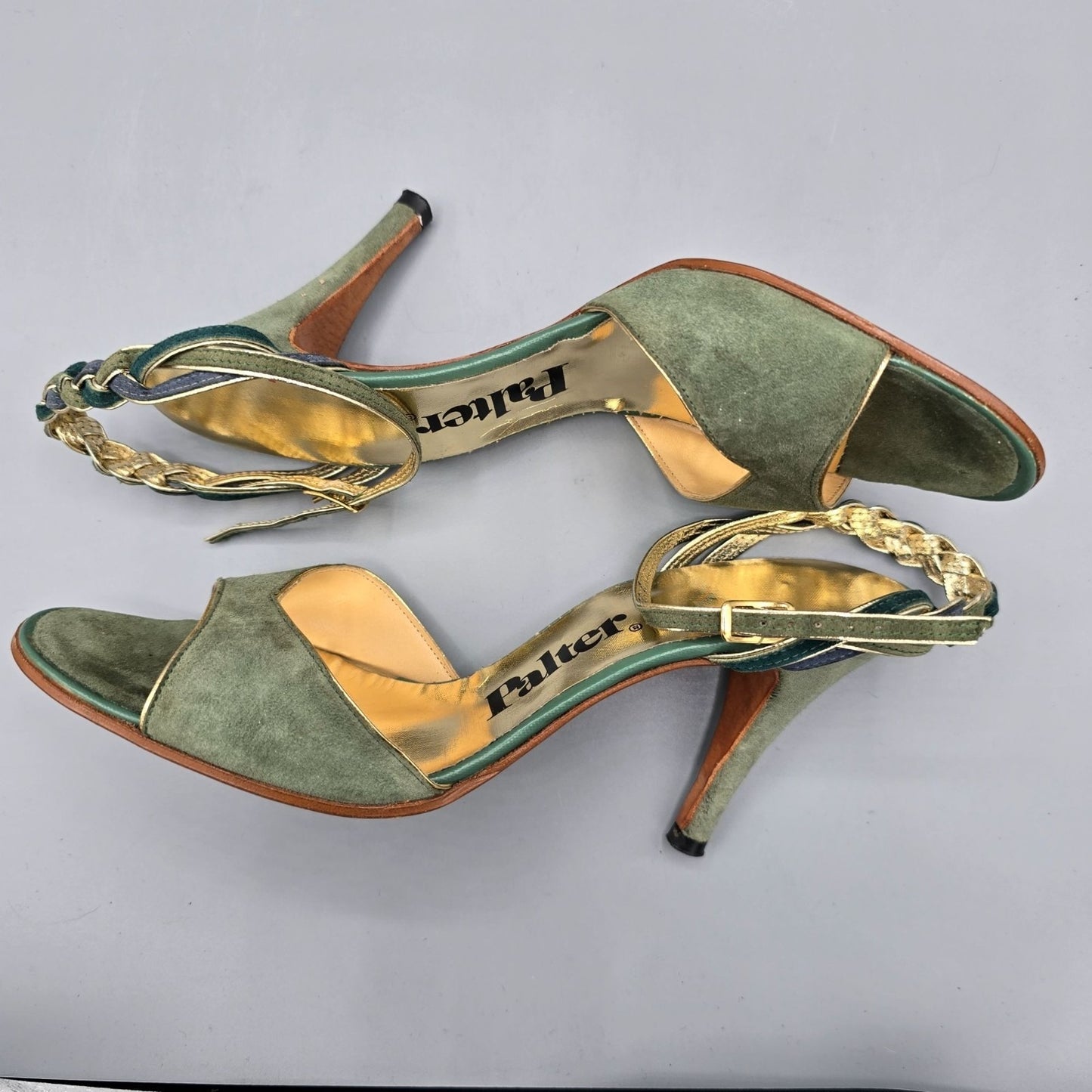 Vintage 1970s Palter Green & Gold Braided-Ankle Stiletto Disco Sandals (7N)
