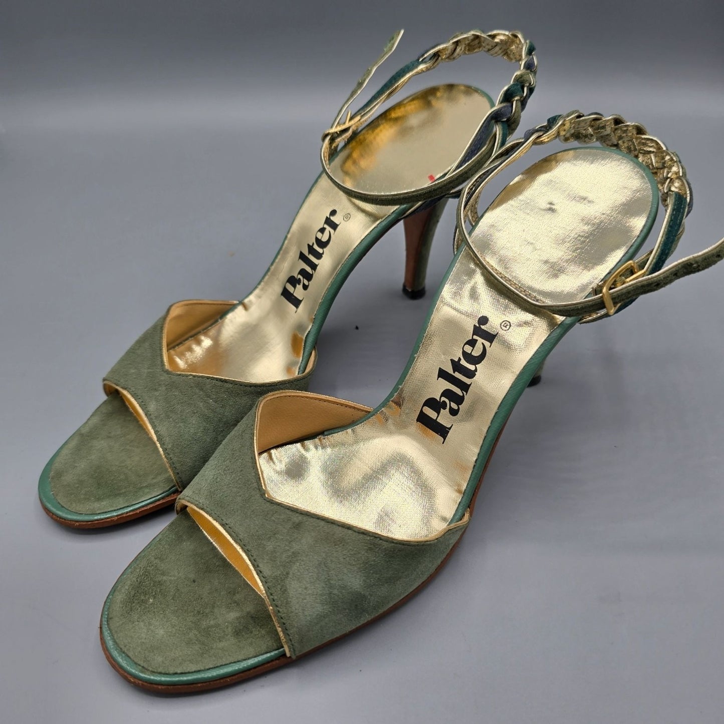 Vintage 1970s Palter Green & Gold Braided-Ankle Stiletto Disco Sandals (7N)