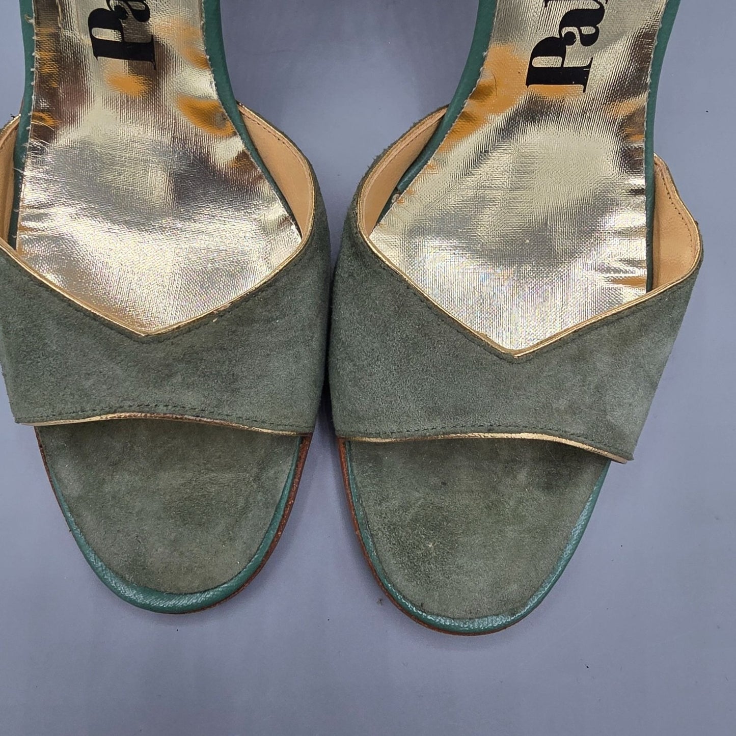 Vintage 1970s Palter Green & Gold Braided-Ankle Stiletto Disco Sandals (7N)