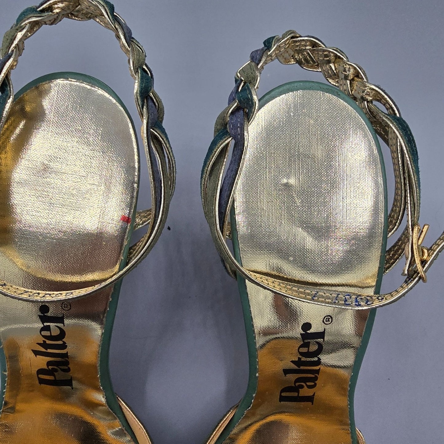 Vintage 1970s Palter Green & Gold Braided-Ankle Stiletto Disco Sandals (7N)
