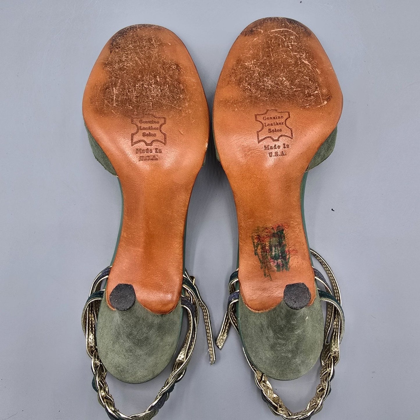 Vintage 1970s Palter Green & Gold Braided-Ankle Stiletto Disco Sandals (7N)