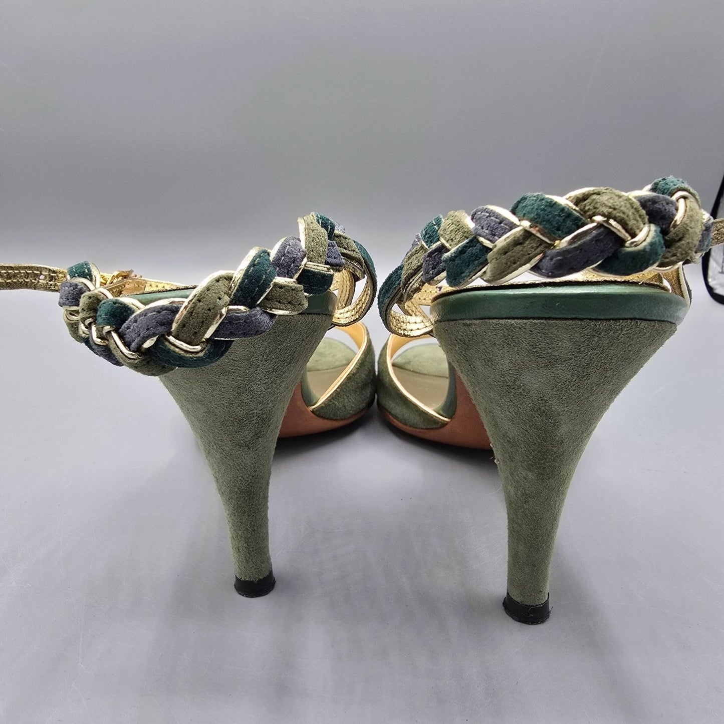 Vintage 1970s Palter Green & Gold Braided-Ankle Stiletto Disco Sandals (7N)