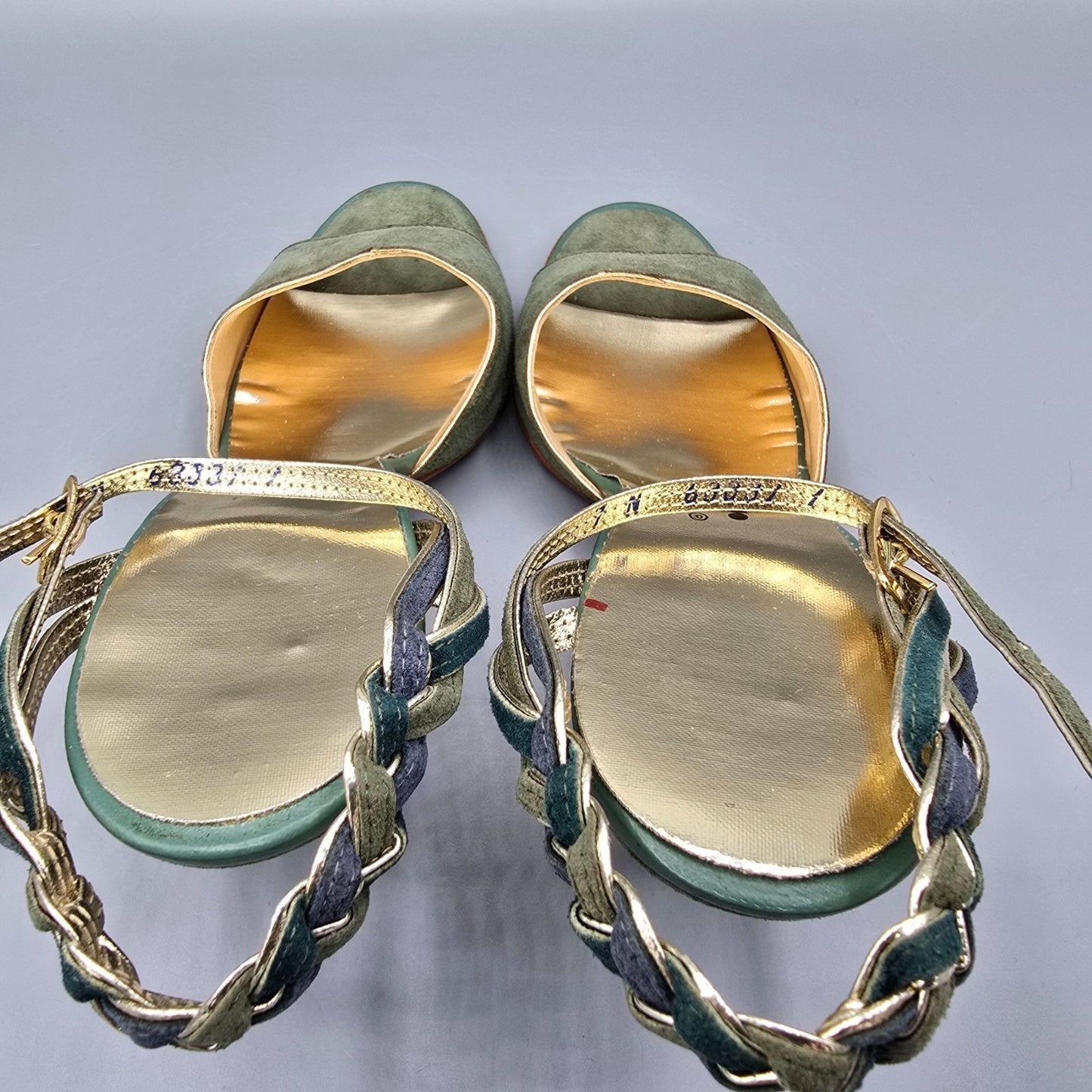 Vintage 1970s Palter Green & Gold Braided-Ankle Stiletto Disco Sandals (7N)