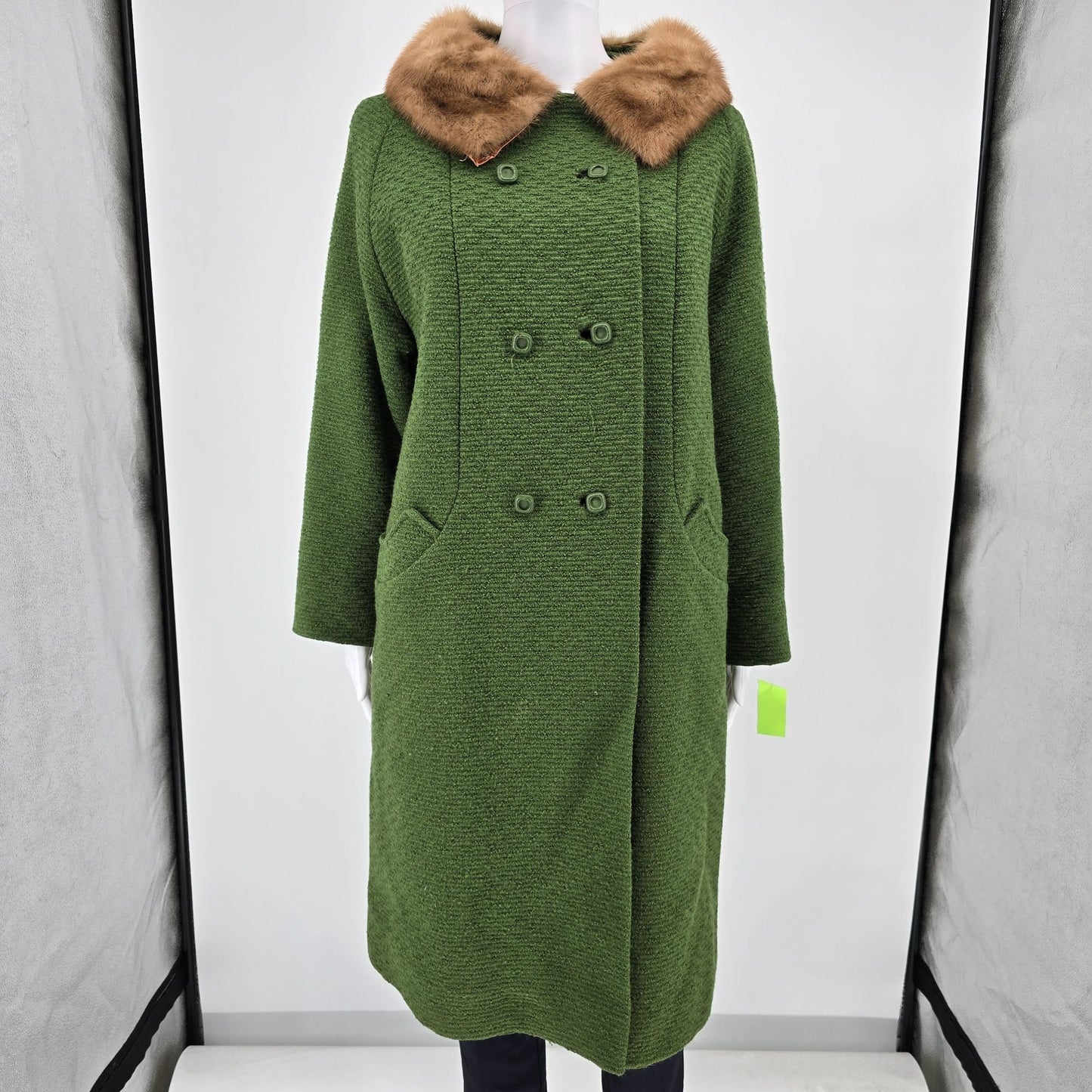Vintage 1960s Hutner Paris Green Montera Wool Faux Mink Collar Coat (L)