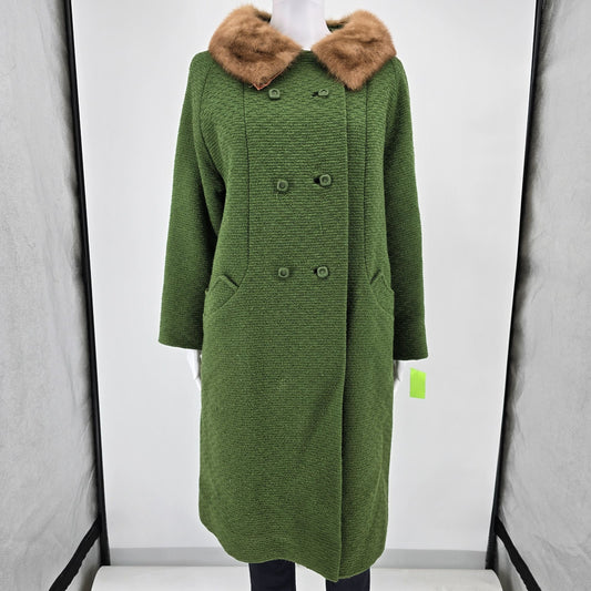 Vintage 1960s Hutner Paris Green Montera Wool Faux Mink Collar Coat (L)
