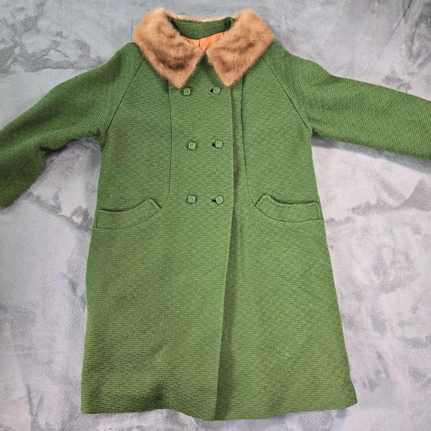 Vintage 1960s Hutner Paris Green Montera Wool Faux Mink Collar Coat (L)