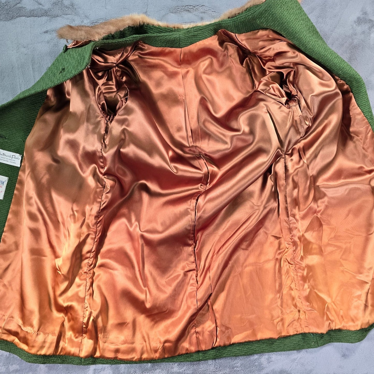 Vintage 1960s Hutner Paris Green Montera Wool Faux Mink Collar Coat (L)