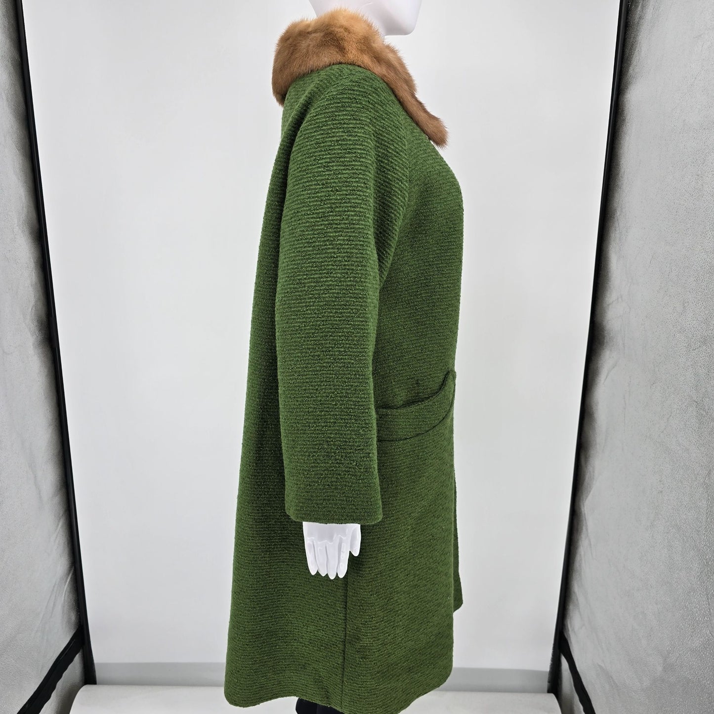 Vintage 1960s Hutner Paris Green Montera Wool Faux Mink Collar Coat (L)