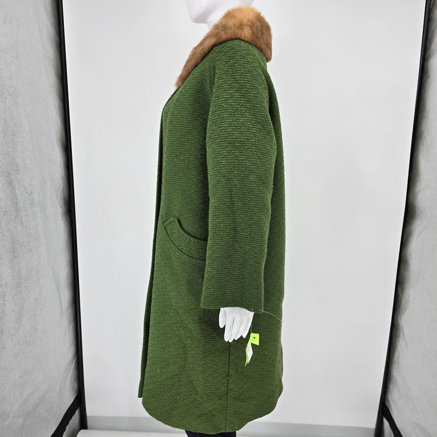 Vintage 1960s Hutner Paris Green Montera Wool Faux Mink Collar Coat (L)