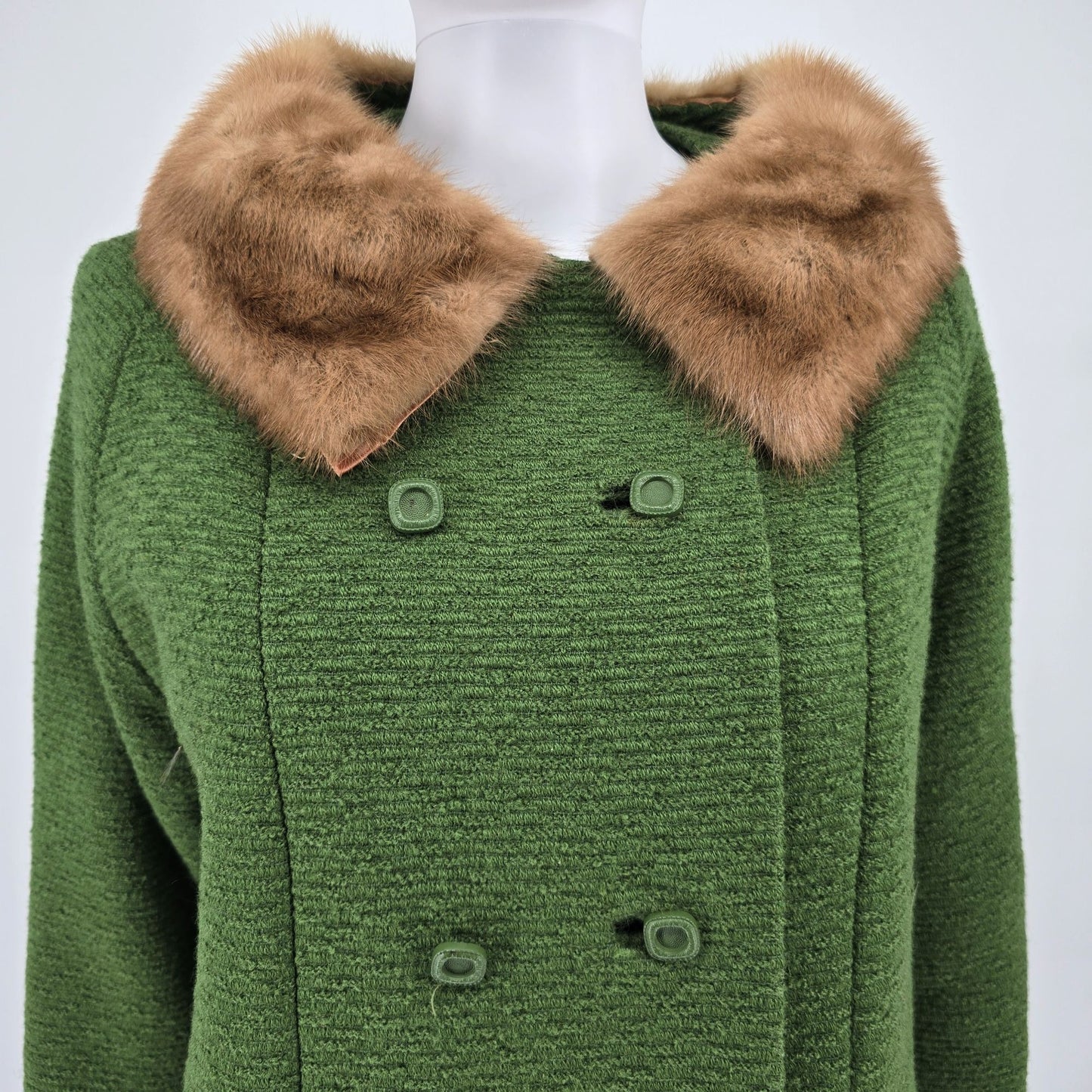 Vintage 1960s Hutner Paris Green Montera Wool Faux Mink Collar Coat (L)