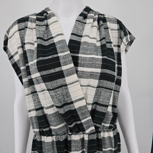 Vintage 1980s J.M II New York Black/Ivory Windowpane Plaid Midi Day Dress (L)