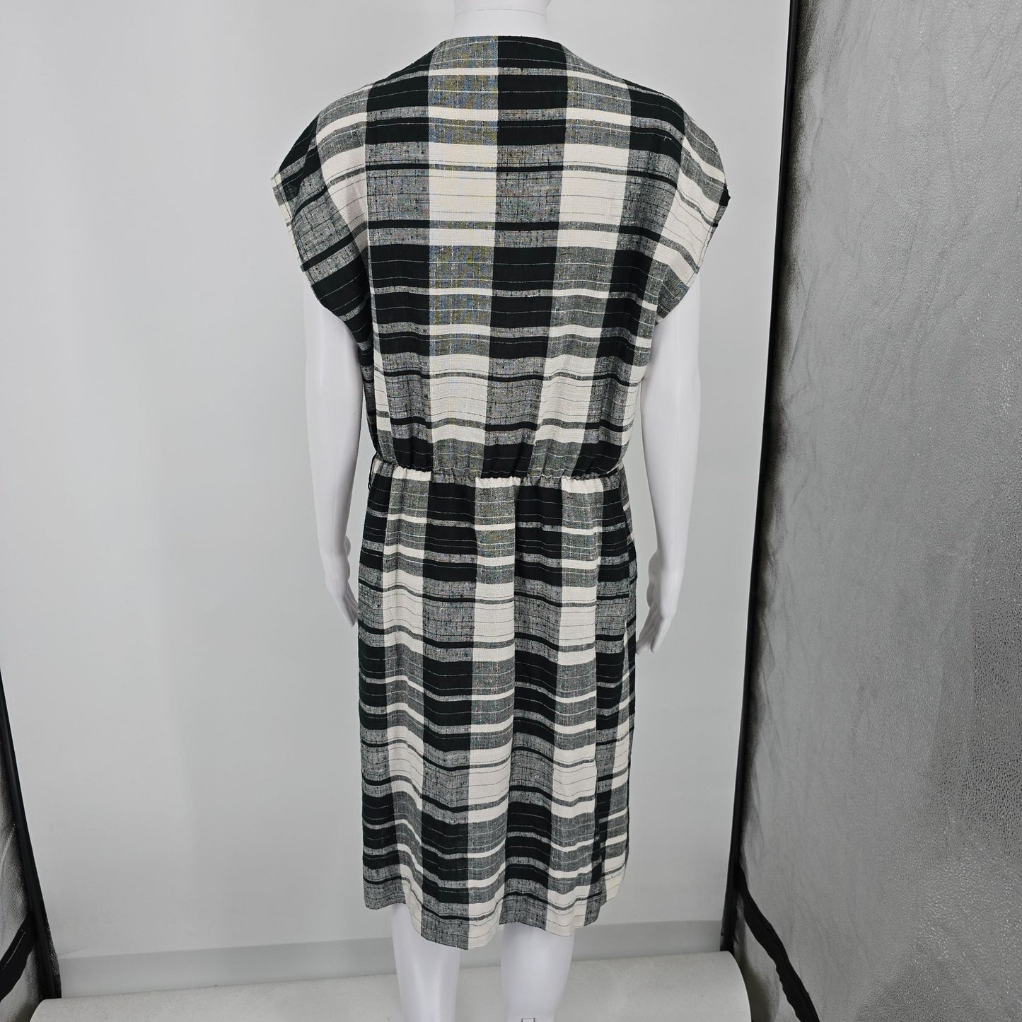 Vintage 1980s J.M II New York Black/Ivory Windowpane Plaid Midi Day Dress (L)
