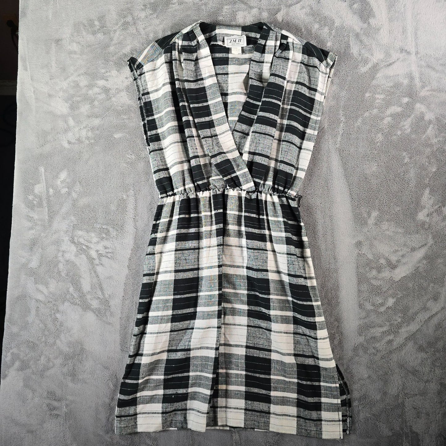 Vintage 1980s J.M II New York Black/Ivory Windowpane Plaid Midi Day Dress (L)