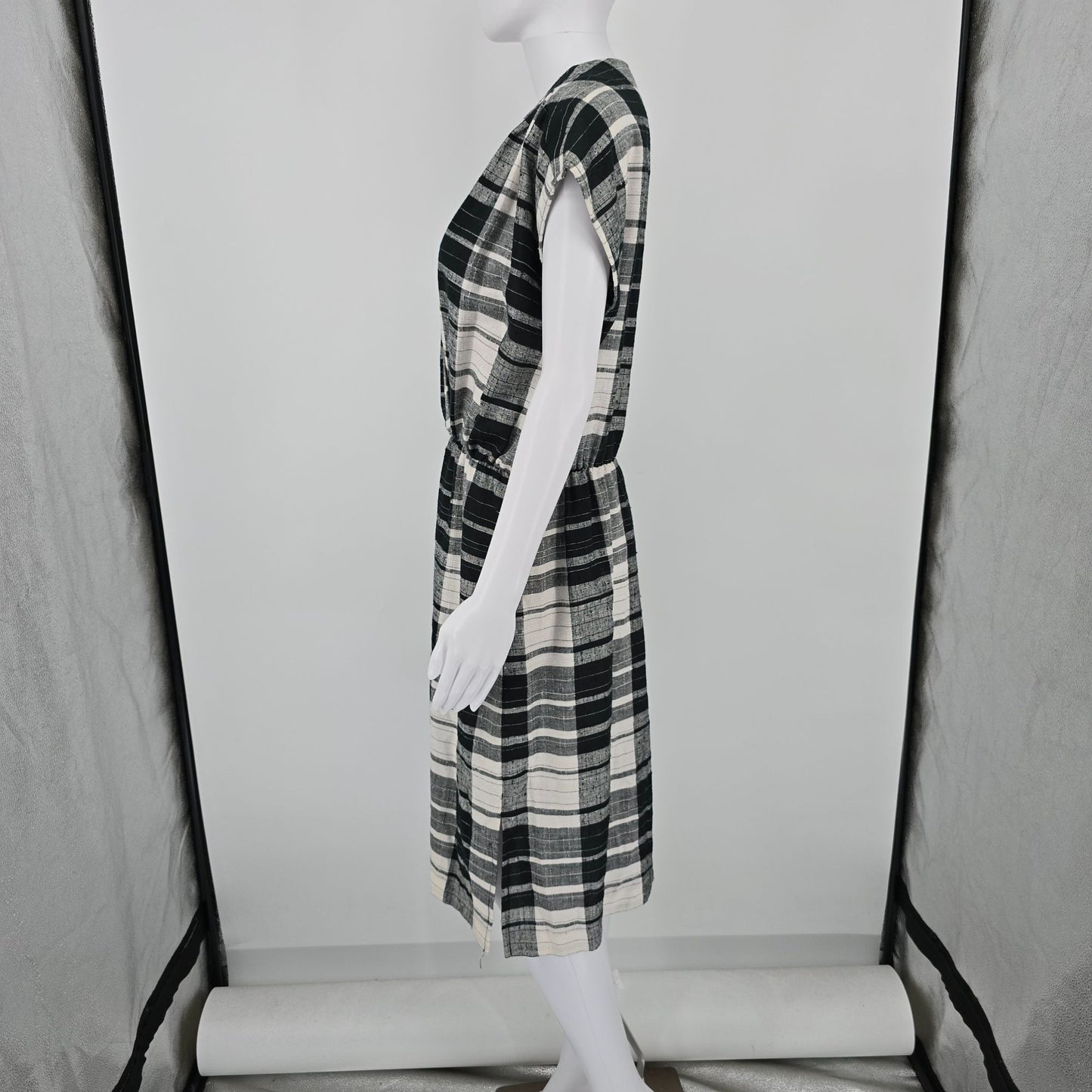 Vintage 1980s J.M II New York Black/Ivory Windowpane Plaid Midi Day Dress (L)