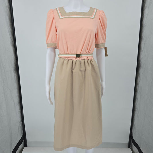 Vintage 1980s Peach/Tan Color Block Sailor Collar Puff Sleeve Day Dress (8/M)