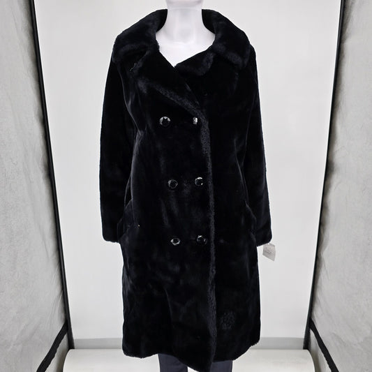 Vintage 1960s Black Faux Fur Double-Breasted Jewel Button Coat (M/L)