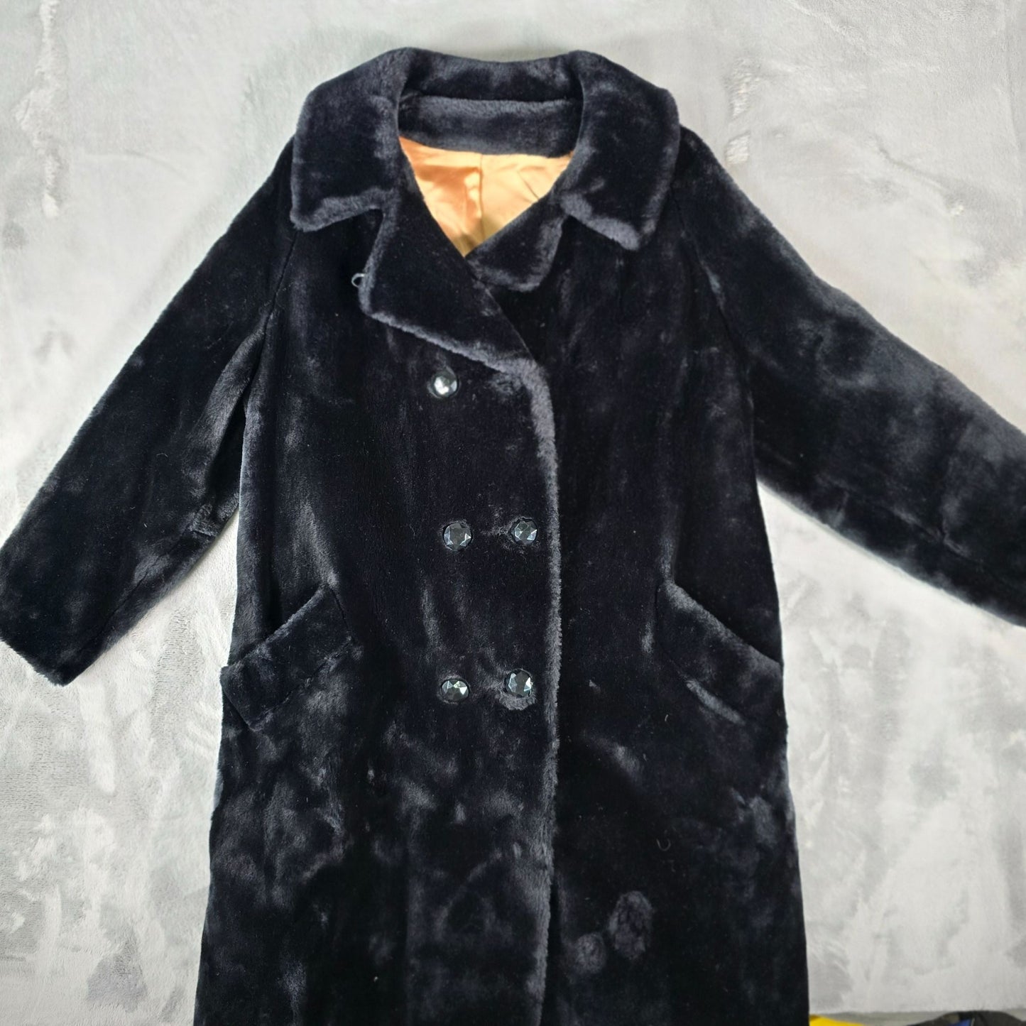 Vintage 1960s Black Faux Fur Double-Breasted Jewel Button Coat (M/L)