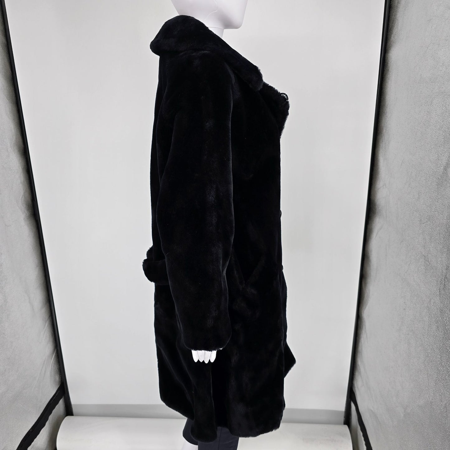 Vintage 1960s Black Faux Fur Double-Breasted Jewel Button Coat (M/L)