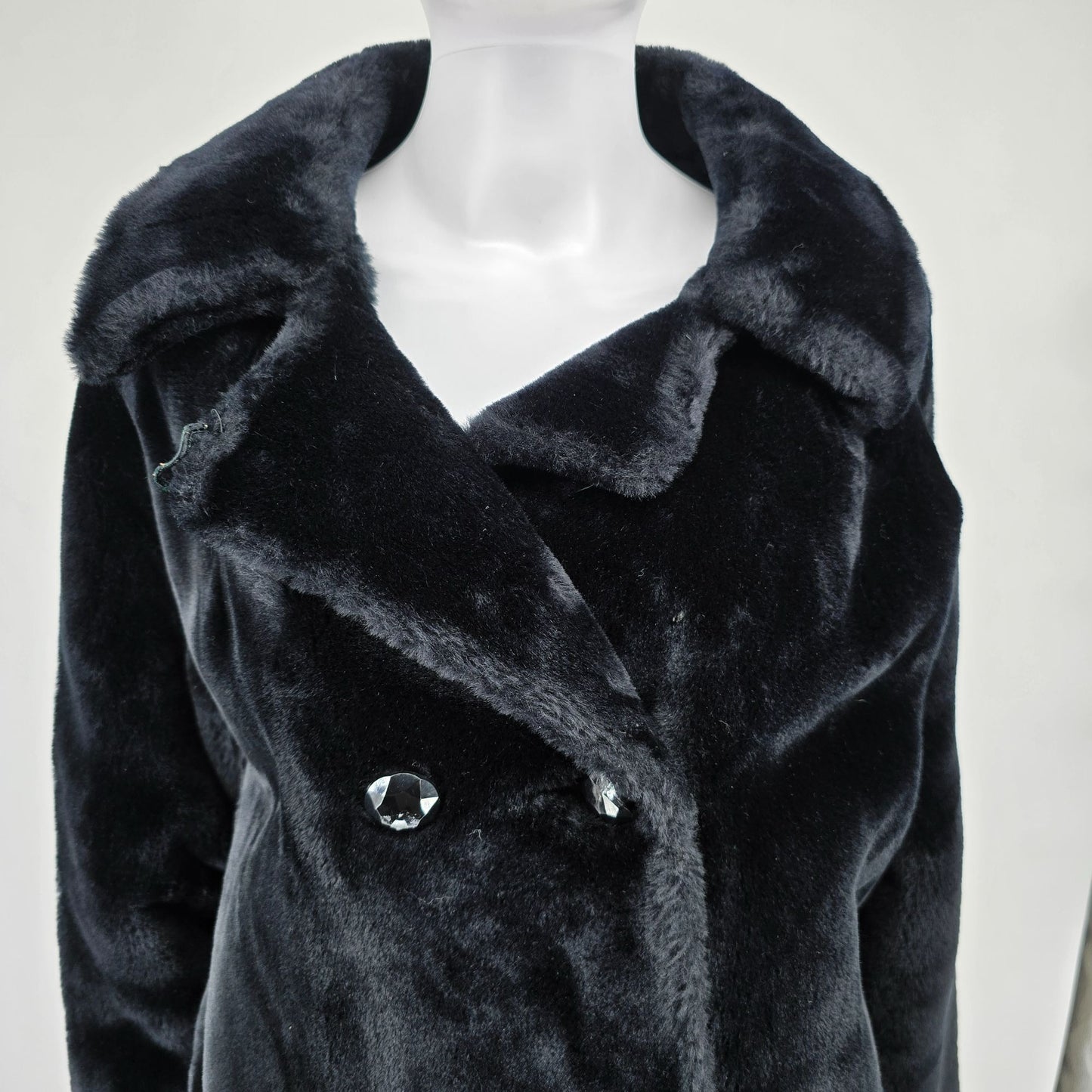 Vintage 1960s Black Faux Fur Double-Breasted Jewel Button Coat (M/L)