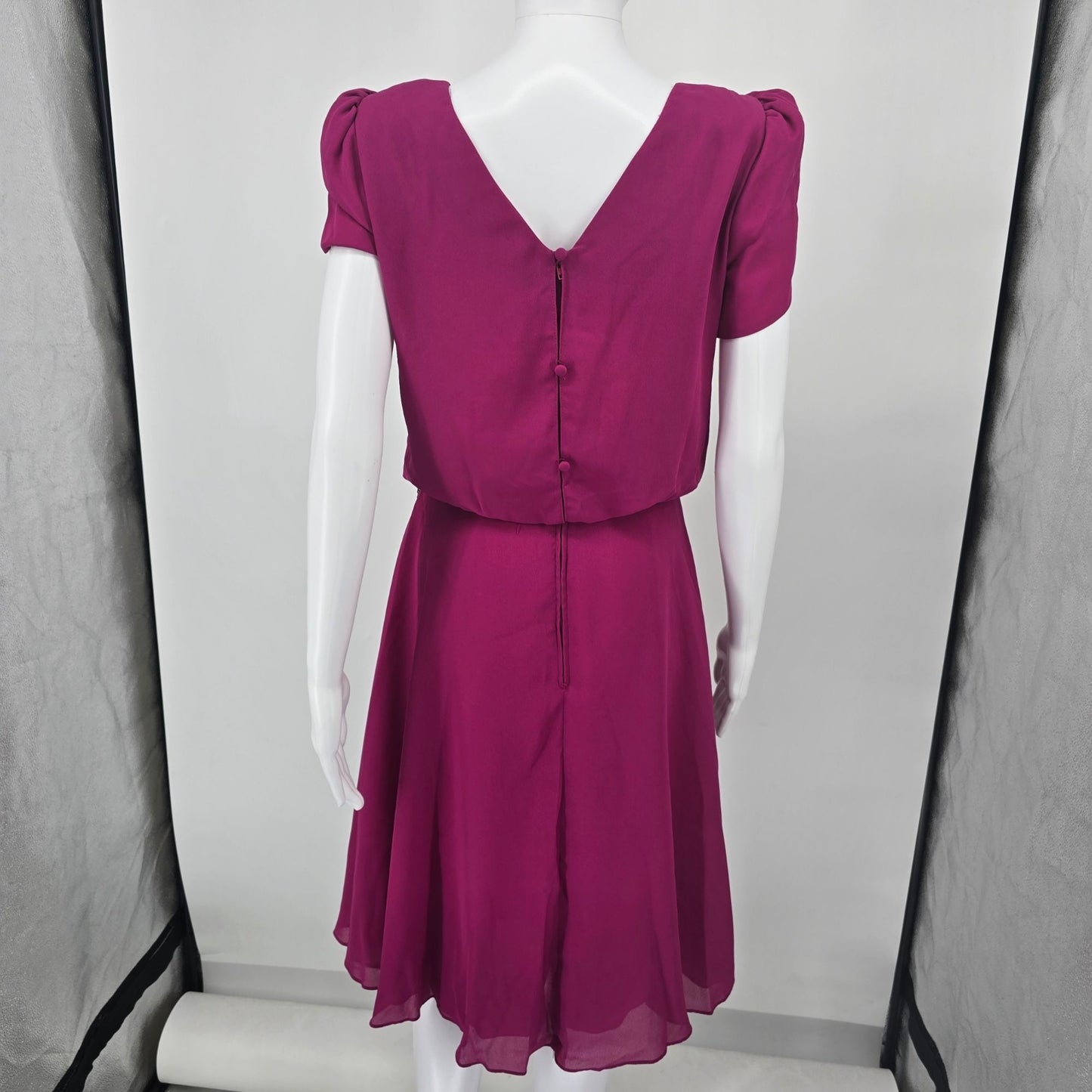 Vintage 1980s Denise Fashions Magenta Chiffon Bugle-Bead Applique Dress (S)