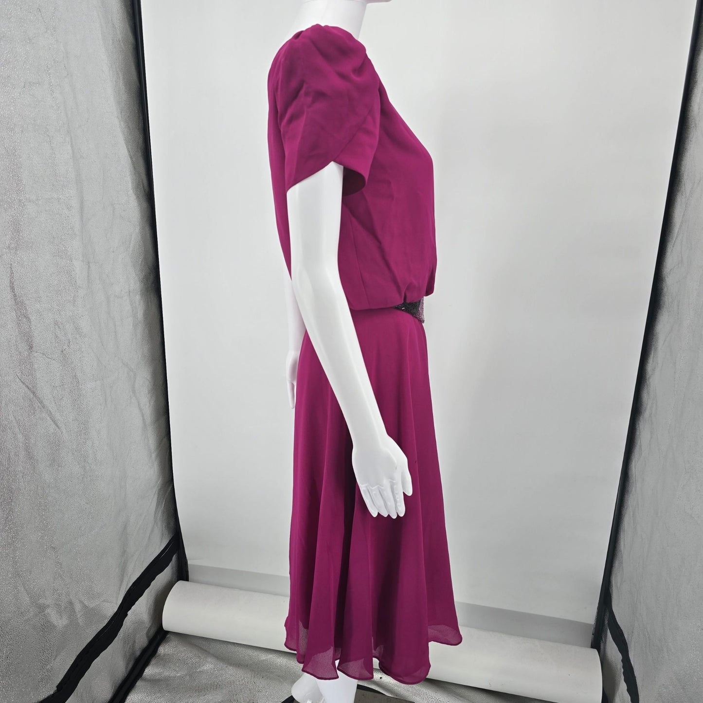 Vintage 1980s Denise Fashions Magenta Chiffon Bugle-Bead Applique Dress (S)