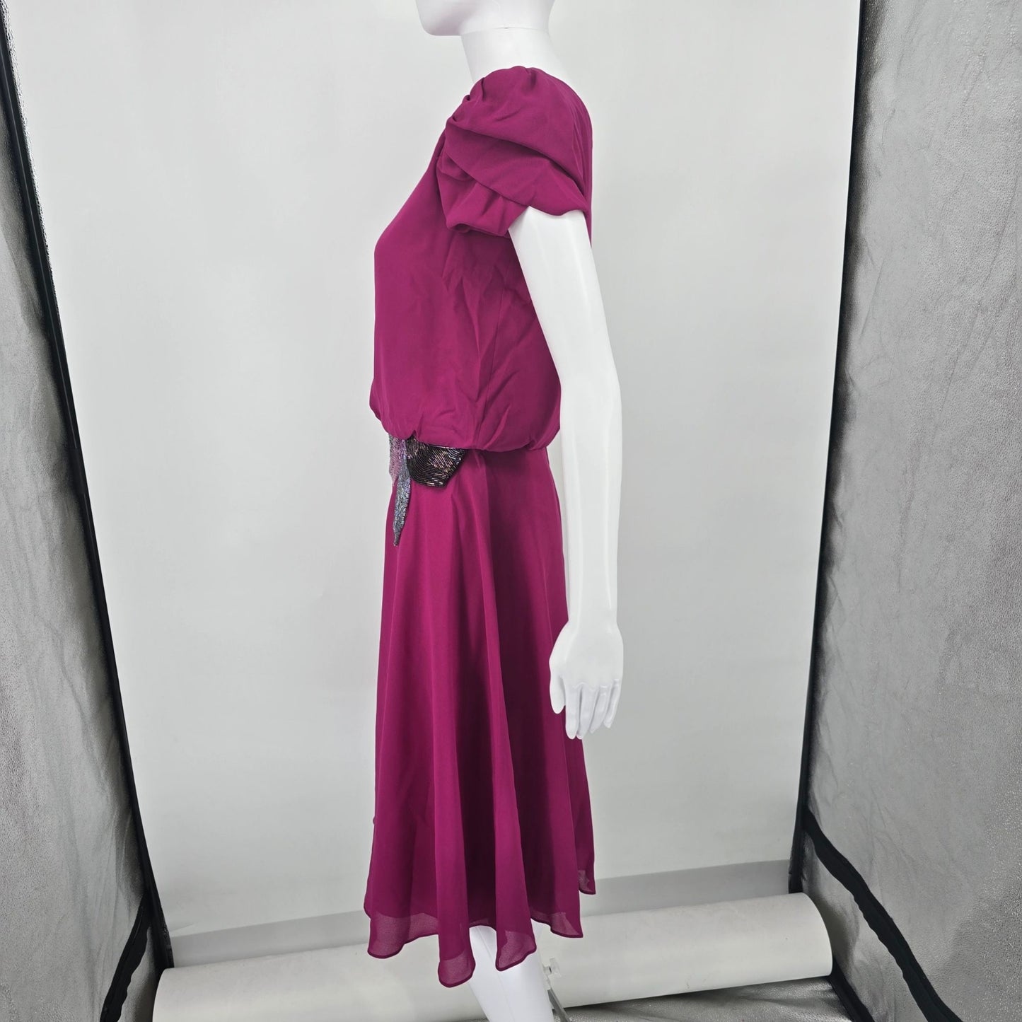 Vintage 1980s Denise Fashions Magenta Chiffon Bugle-Bead Applique Dress (S)