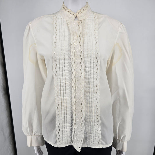Distressed Vintage 1980s Lauren Lee Ivory Lace Victorian/Prairie Blouse (L)