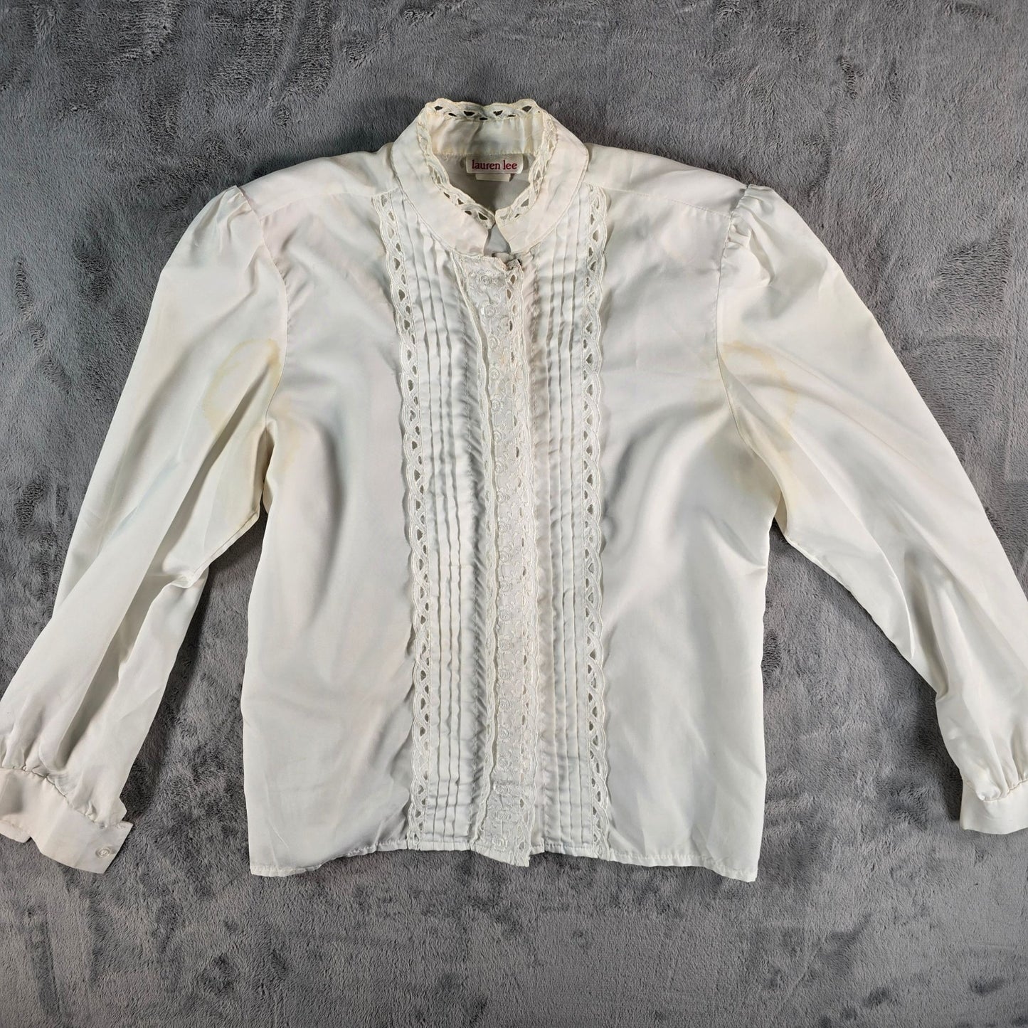 Distressed Vintage 1980s Lauren Lee Ivory Lace Victorian/Prairie Blouse (L)