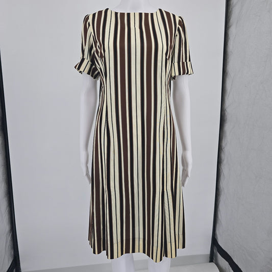 Vintage 1970s Brown/Cream/Black Mod Op Art Vertical Striped Shift Dress (M)